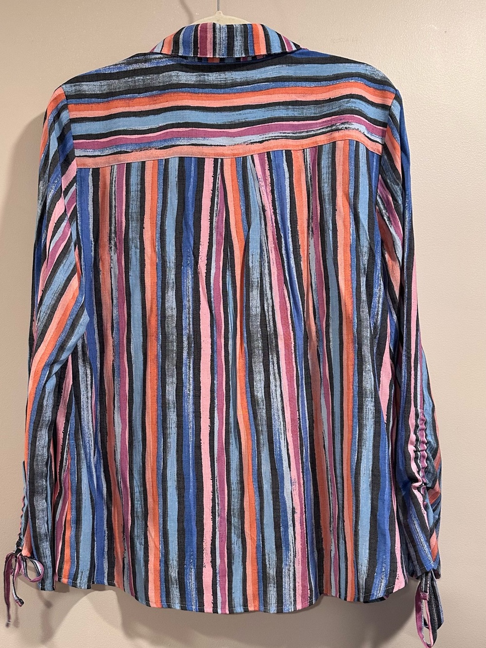 Daily Thread Multicolor Striped Button Down Top Ruched Tie Sleeves Rayon Blend L - Picture 11 of 14
